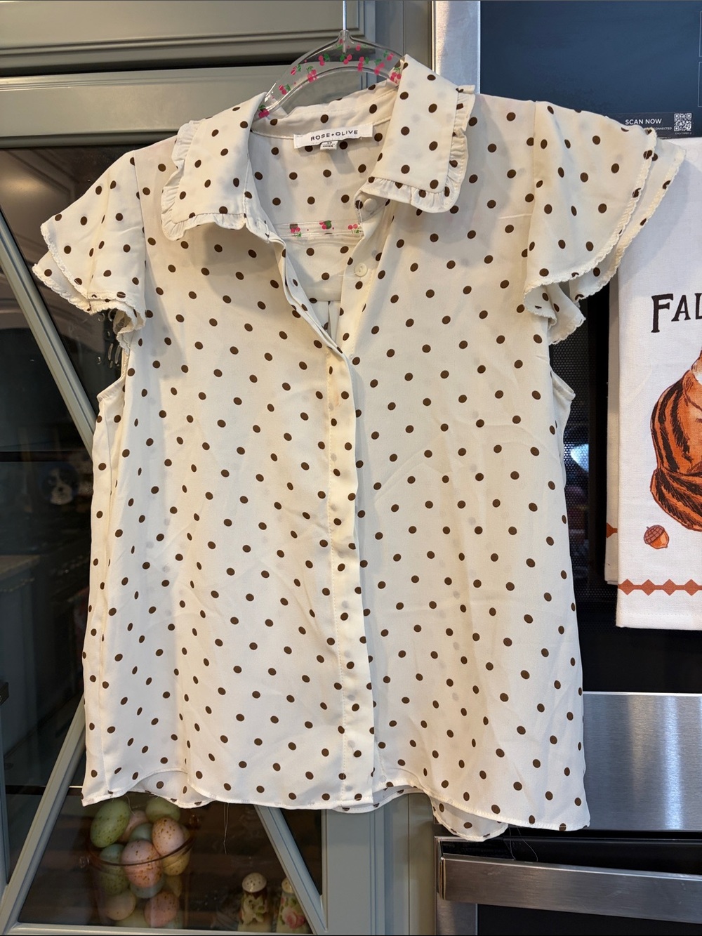 Rose & Olive Brown Cream Button-Front Polka Dot Ruffle Sleeve Top XS NWOT